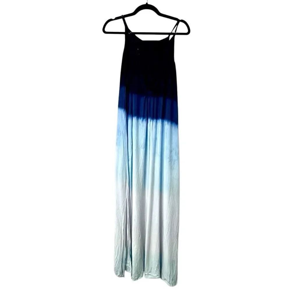 Riviera Sun Spaghetti Strap Dip Dye Side Slit Maxi Sundress Blue White Large